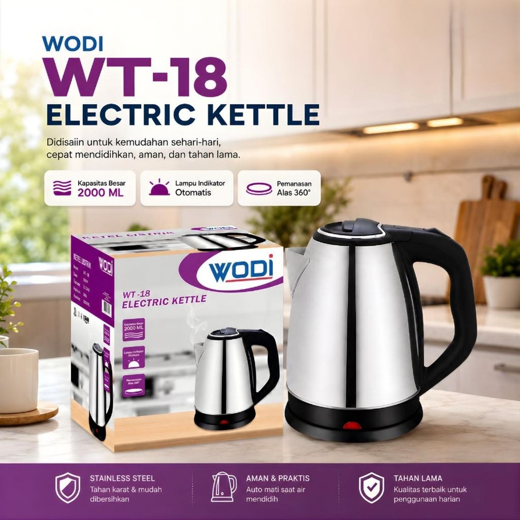 WODI Teko Listrik Stainless Anti Karat 2 Liter  - Kettle Electric 2 Liter Hemat Listrik Cepat Panas 
