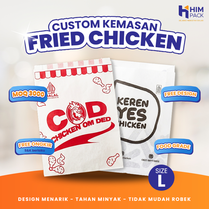 Kantong Kertas Makanan Paper Bag Fried Chicken Ayam Goreng Food Grade Anti Minyak Custom Desain L