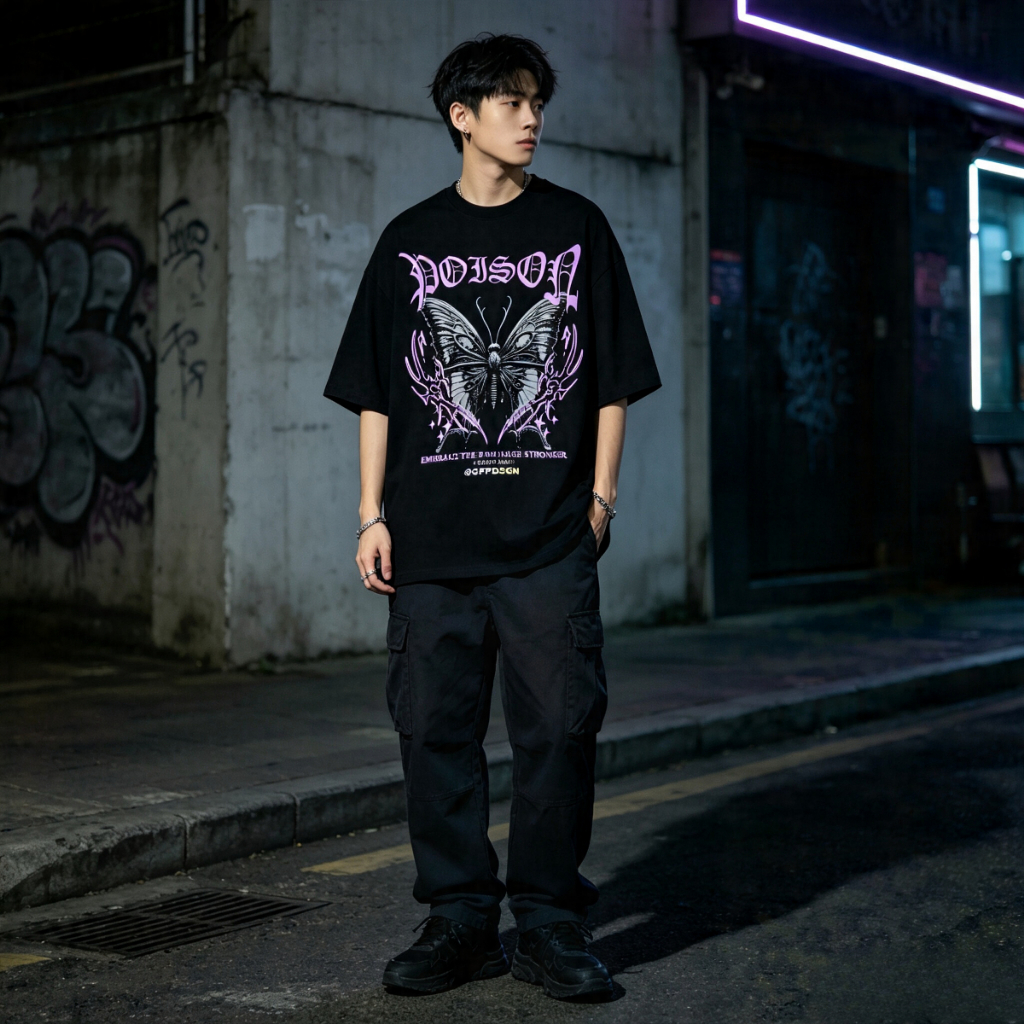 Kaos Street Goth Aesthetic Kupu Kupu Abu Warna Ungu Teks Vintage Metal Oversize Black T-shirt