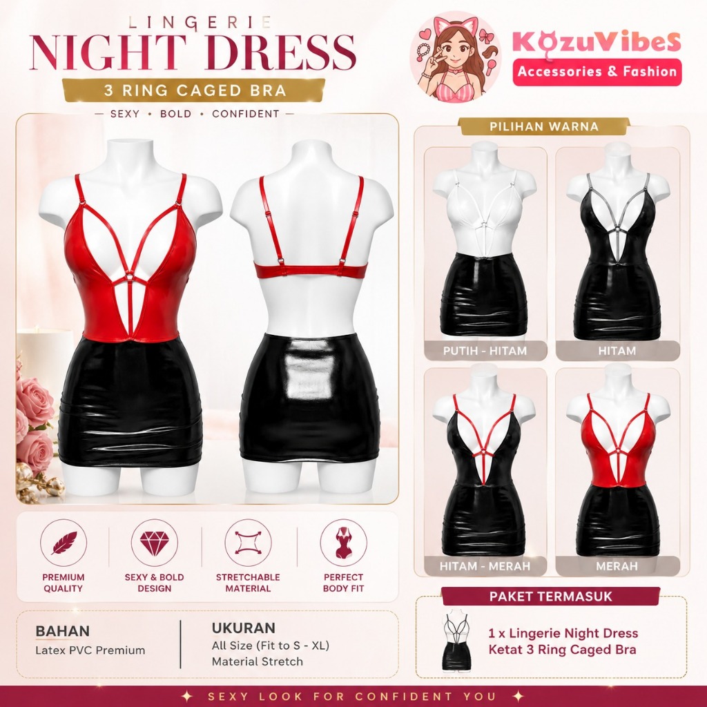 Kozuvibes Lingerie Sexy Night Dress Ketat Transparan 3 Ring Caged Bra
