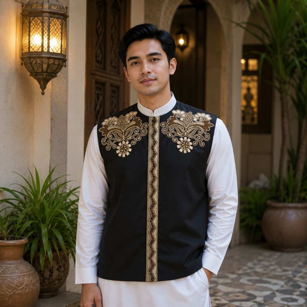 Rompi gamis pria bordir corneli bahan silk adem atasan rompi pria Lapis dalam