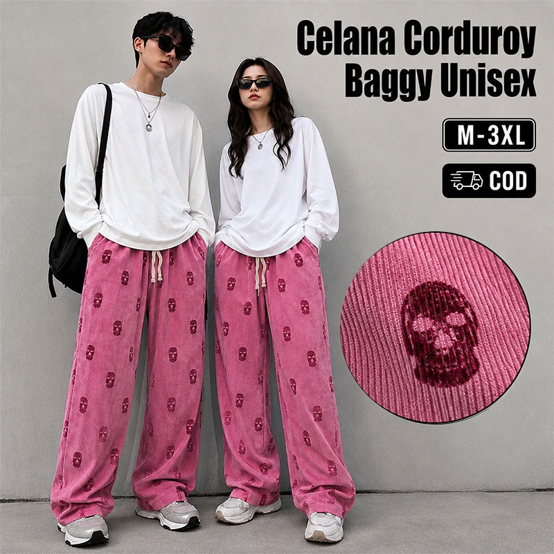 Y2K Gambar tengkorak-Pink Celana corduroy unisex tipis Celana panjang pria Celana baggy Casual M-3XL