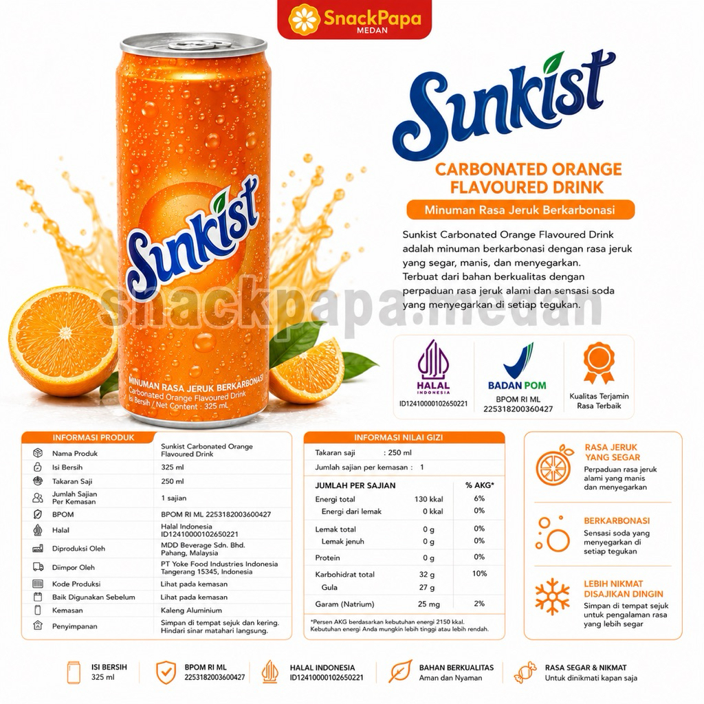 SUNKIST JERUK KALENG [1 KALENG @325ML ] | MINUMAN RASA JERUK BERKARBONASI | SUNKIST KALENG | SUNKIST