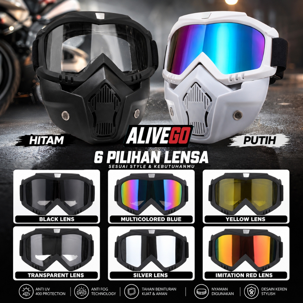 Kacamata Goggles + Masker Putih / Hitam Mask Helm Motor Goggle Sport Ski Topeng Masker Sky Bogo JPX 