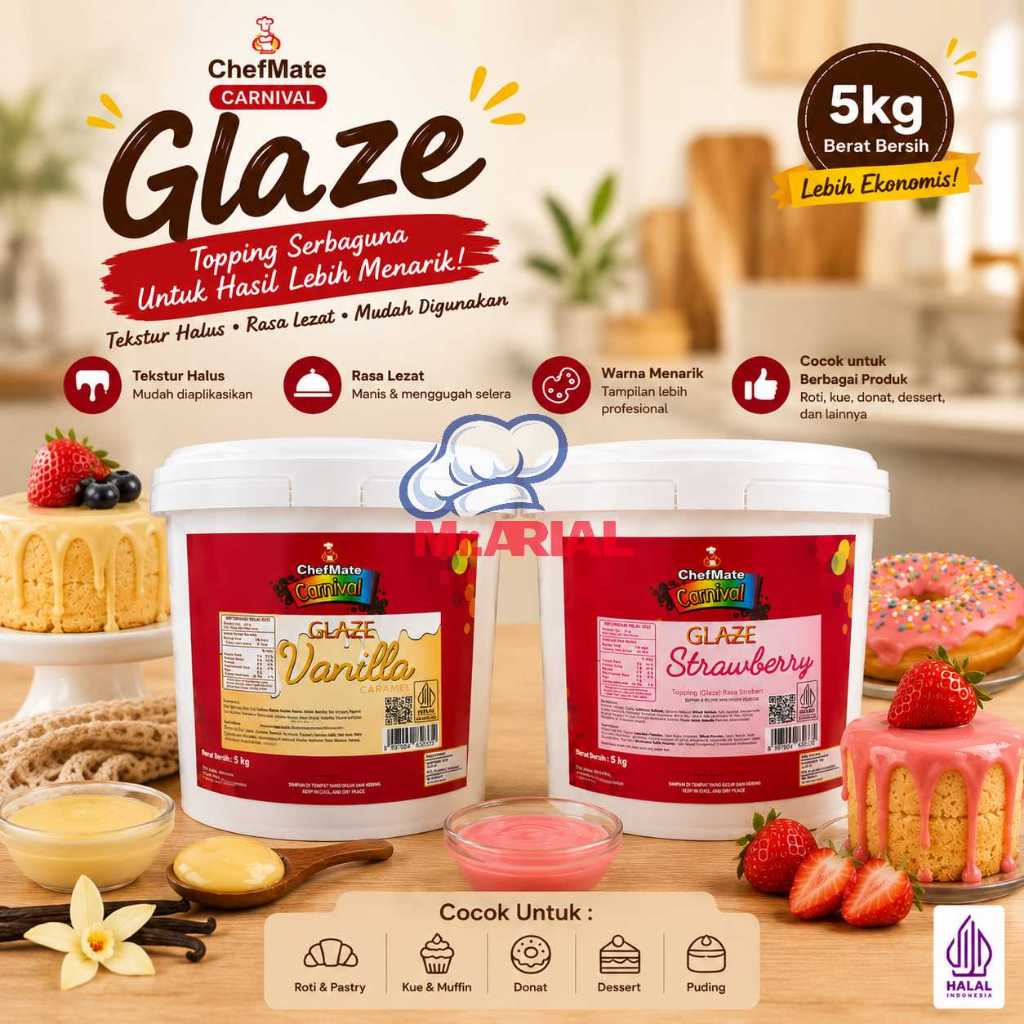 Chefmate Carnival Glaze Saus Pelapis Kue Mengkilap Topping Donat Stroberi Vanilla Karamel Ember 5kg