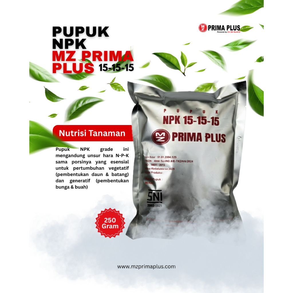 Pupuk NPK 15-15-15 MZ Prima Plus 250 Gram
