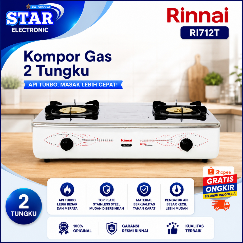 RINNAI KOMPOR GAS 2 TUNGKU RI 712 T/RI712T/RI 712T/RI712 T/RI-712T/RI-712  T/ORIGINAL GARANSI RESMI