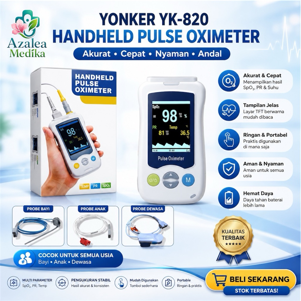 Yonker YK-820 Pulse Oximeter SpO2 untuk Bayi, Anak, Dewasa Lengkap / Kabel Probe Pulse Oxymeter For 