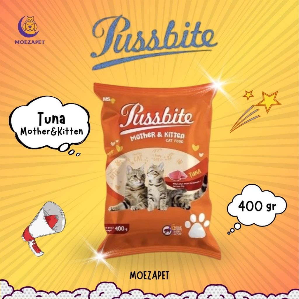 Makanan Kucing Merk PUSSBITE Mother & Kitten Rasa Tuna (Kemasan Oren 400gr)