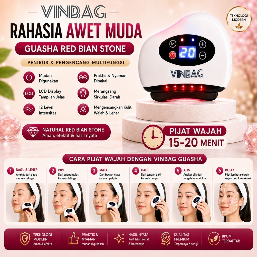 100% ORIGINAL Vinbag Guasha Red Bian Stone 12 level– Alat Pijat Wajah Awet muda, Kencangkan wajah, A