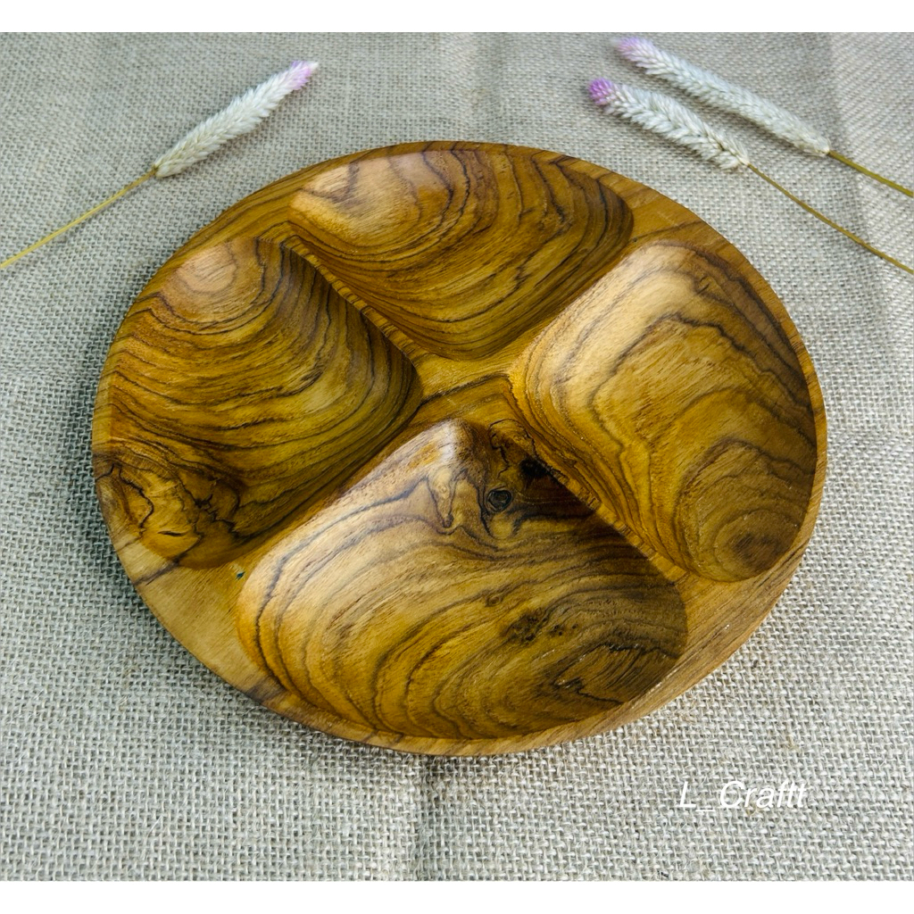 piring kayu/piring sekat 4 bulat/piring saji/piring makan anak/piring diet kayu jati 23cm