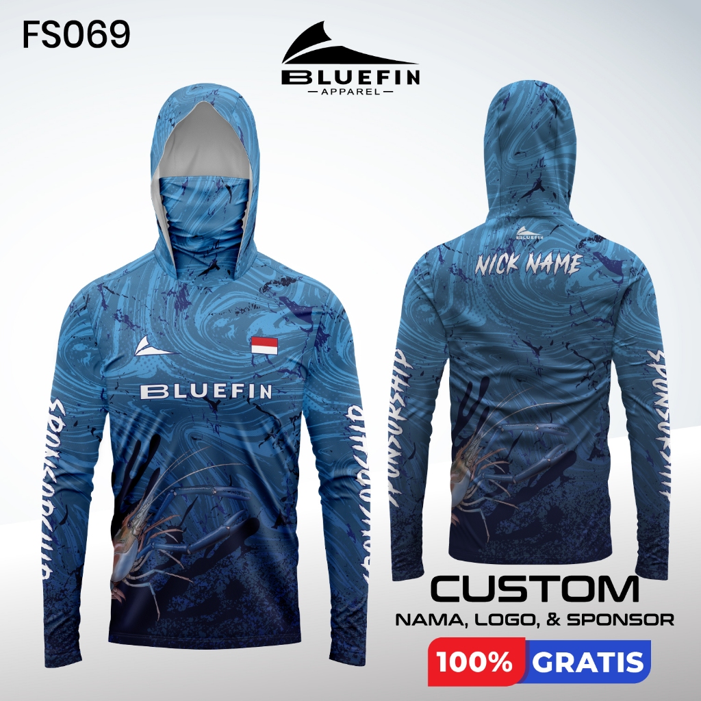 Baju Jersey Mancing Udang Galah Dengan Fitur Masker dan Hoodie Bisa Custom Nama Logo Sponsor Satuan 