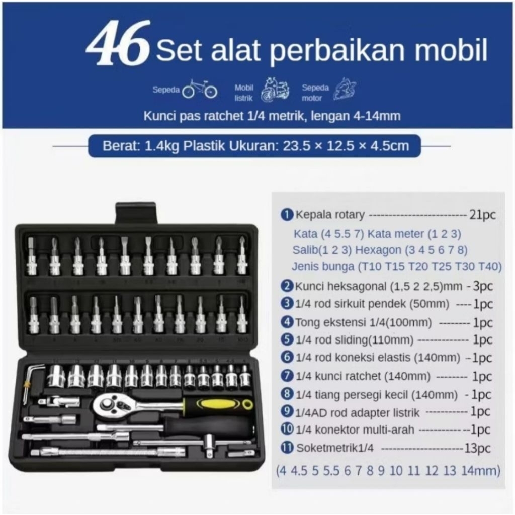 Kunci Sok Set 46 Pcs - Hitam, Tahan Karat, Chrome Vanadium Steel