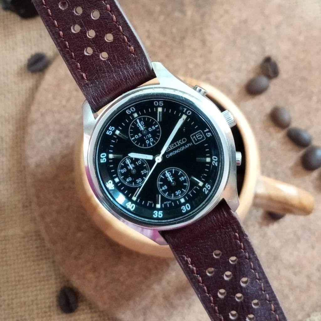 Jam Tangan Vintage Seiko Chronograph V657-7100 Black Dial