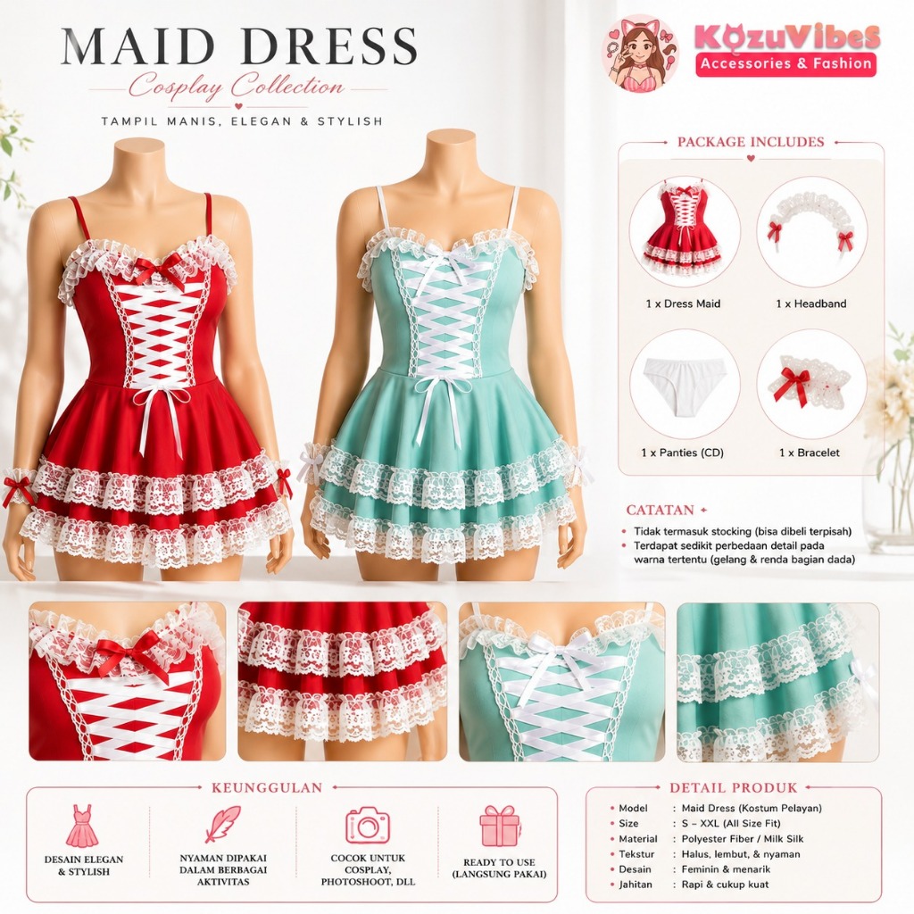 Kozuvibes Cosplay Sexy Uniform Seragam Pelayan Kostum Maid Dress Warna