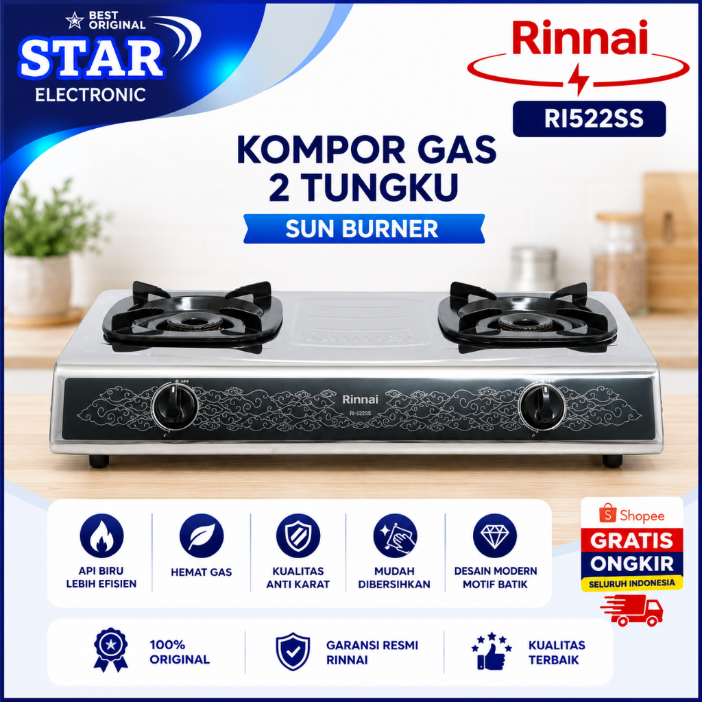 RINNAI KOMPOR GAS RI522SS 2 Tungku/RI-522SS/RI 522SS/ Api Sun Bunner/RI 522SS/Kompor Bergaransi Ori