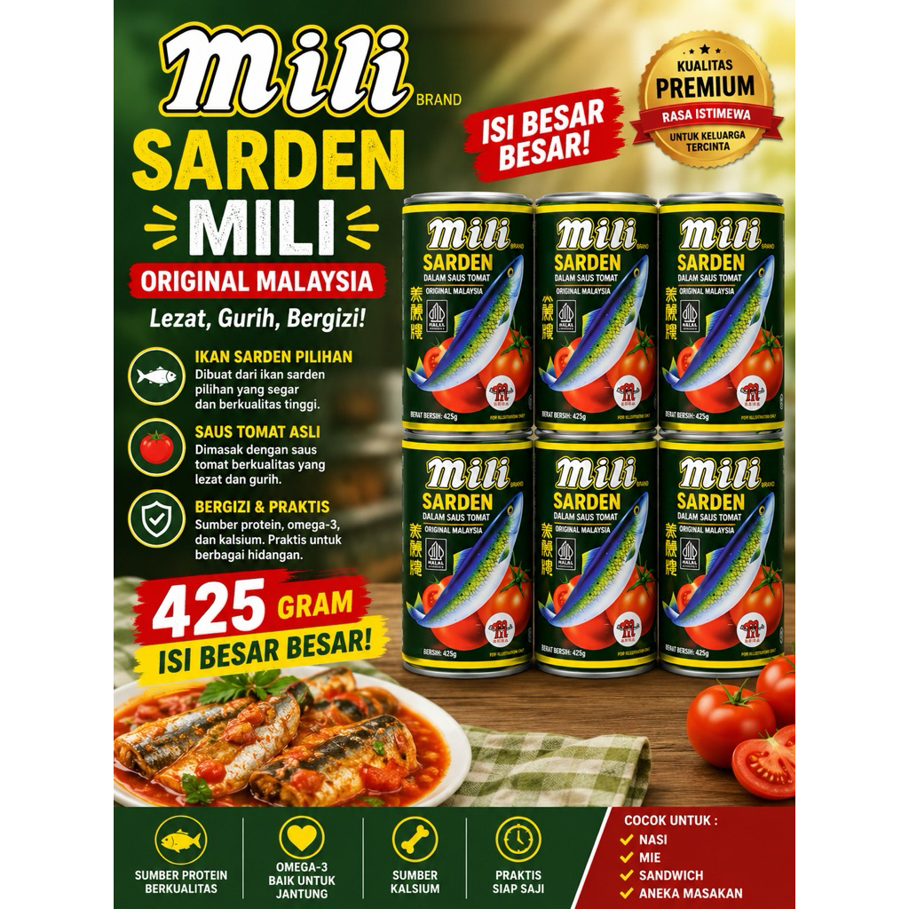SARDEN MILI ORIGINAL MALAYSIA 425 GR - SARDEN MILI ORI TUTUP PUTIH - SARDEN ISI BESAR - MAKEREL MALA