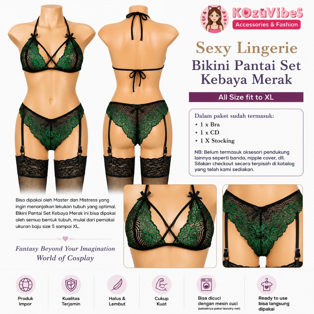 Kozuvibes Sexy Lingerie Baju Tidur Bikini Pantai Set Kebaya Merak