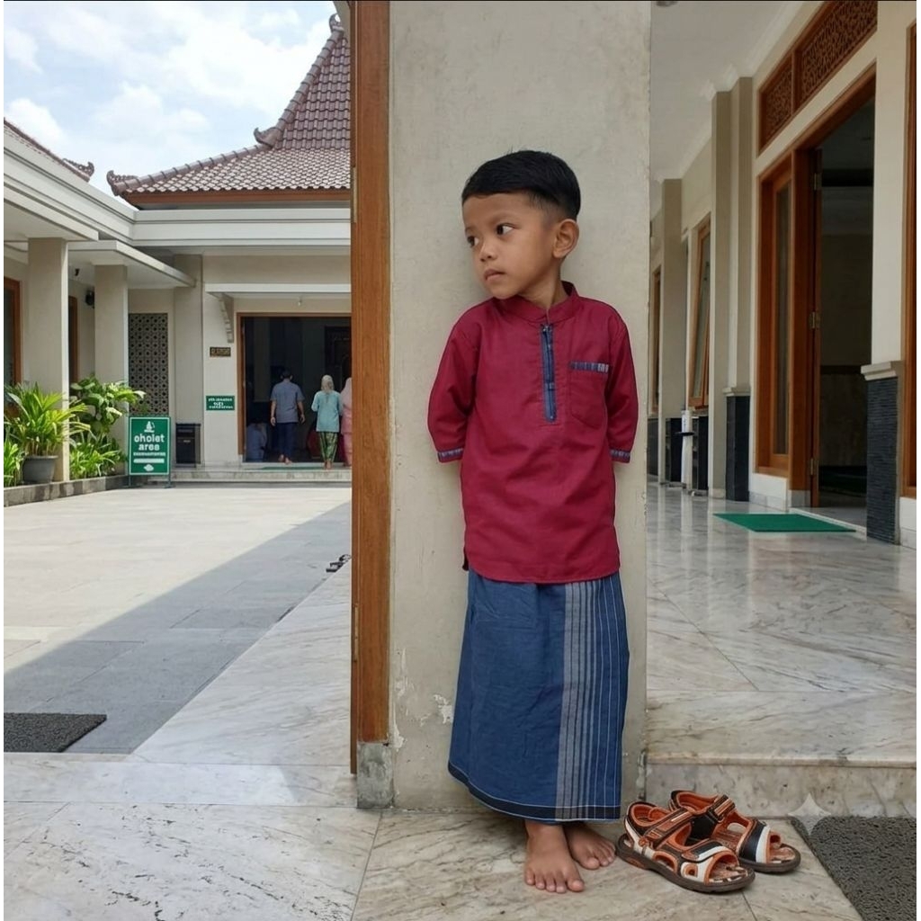Setelan Koko Anak Premium Motif Strip Celana Sarung Baju Muslim Atqiya Mart
