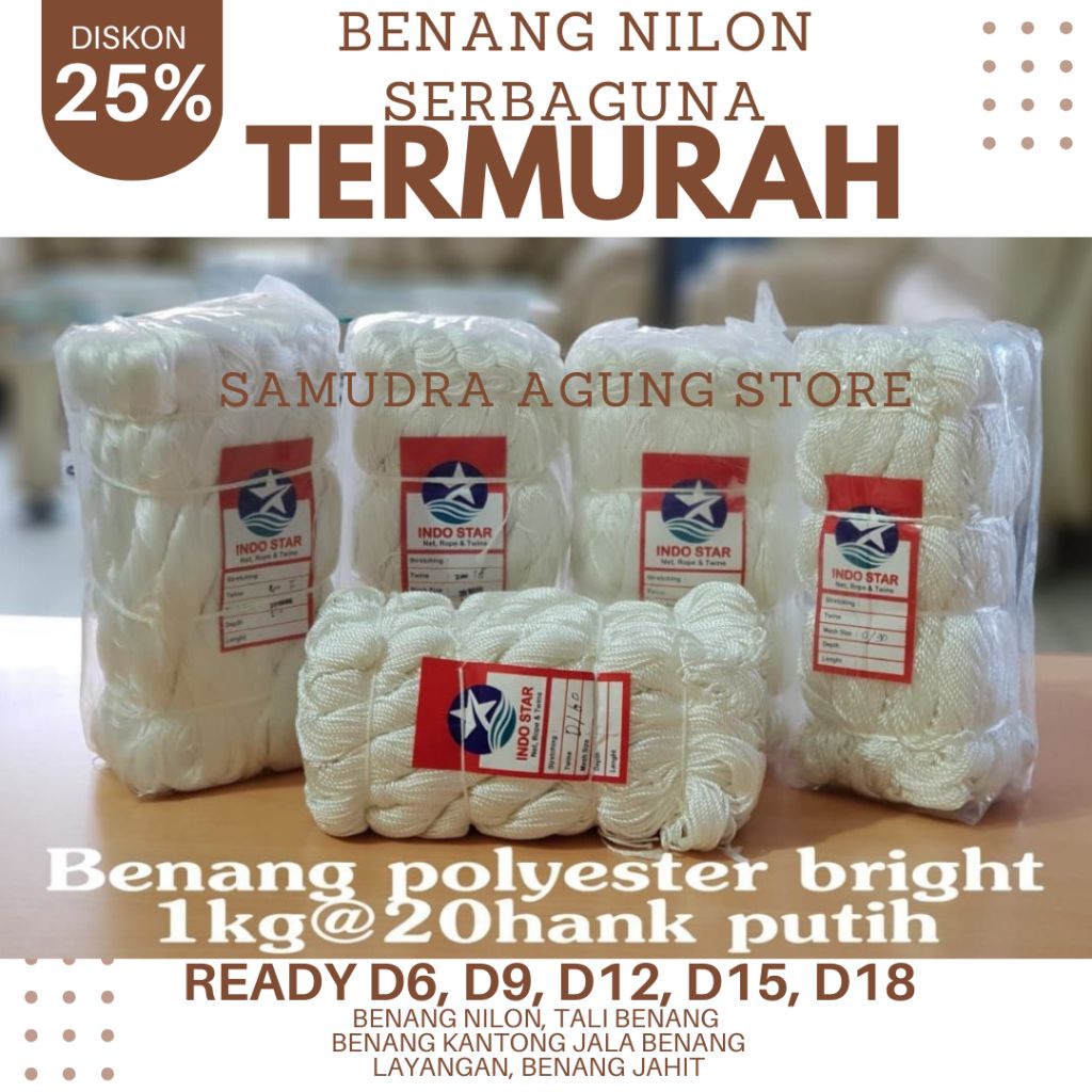 TERMURAH BENANG NILON PUTIH 1 PAK 20 IKAT READY D6 / D9 / D12 / D15 / D18 BENANG JARING BURUNG BENAN