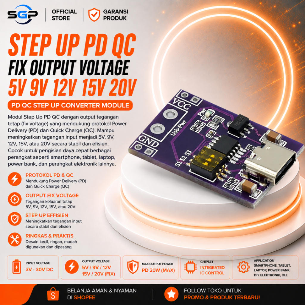 Module Step Up PD QC Fix Output Voltage 5V 9V 12V 15V 20V Modul Step Up PD QC Fix Output Step Up PD 
