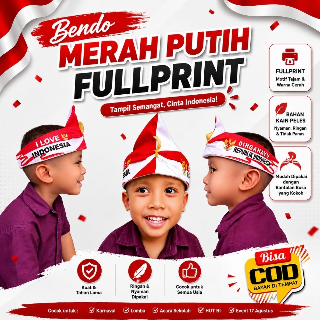 Bendo Merah Putih Fullprint Bahan Kain Peles Sablon Fullprint Kokoh Motif Garuda