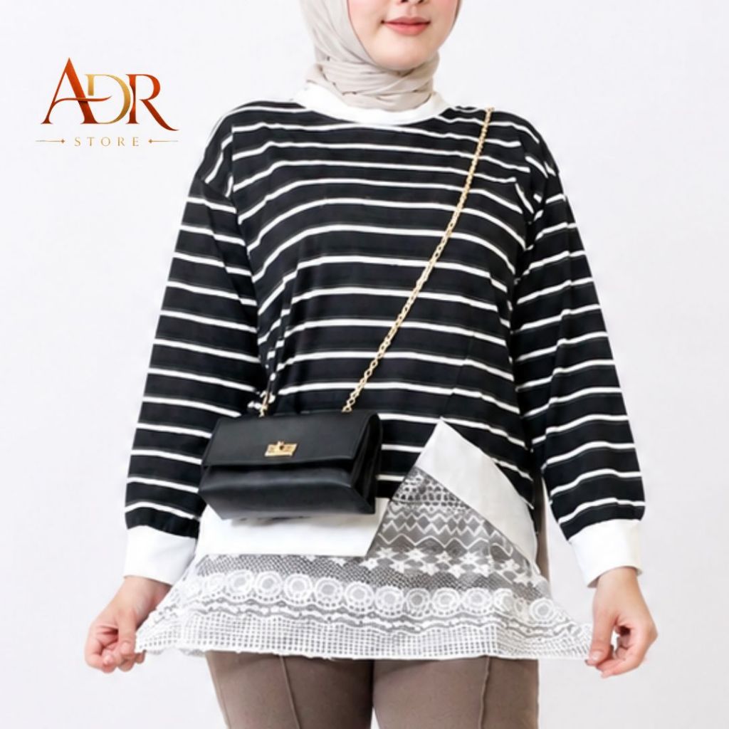 JEVANNI Atasan wanita Stripe Kombinasi Lace | Kaos Cewek Casual Elegan Lengan Panjang All Size LD 11