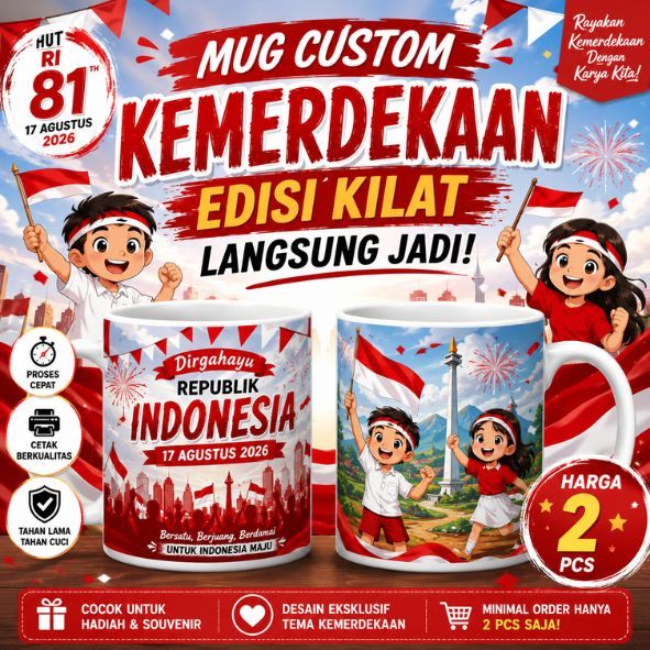 Mug Custom Kemerdekaan Merah Putih Edisi Kilat langsung kirim, Desain Bebas, Harga 2 Pcs, Souvenir