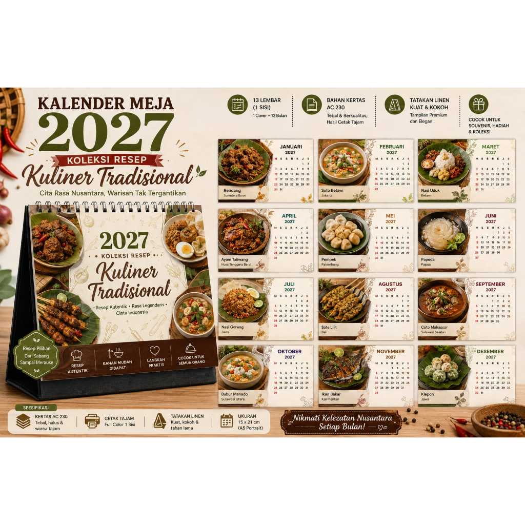 Kalender Meja A5 2027 – Koleksi Resep Kuliner Tradisional Indonesia
