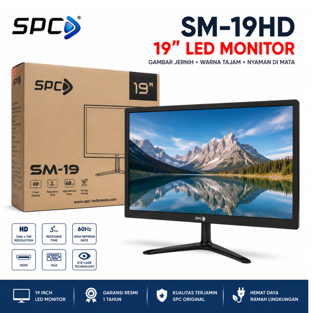 Monitor LED 19 Inch SPC HDMI VGA Monitor PC Komputer Gaming HD Original