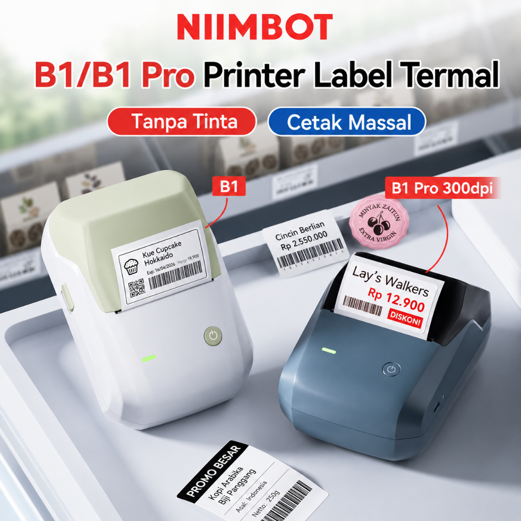 NIIMBOT B1 Pro Printer Label 300DPI Merah Hitam untuk Toko UMKM Barcode Harga Produk Kemasan