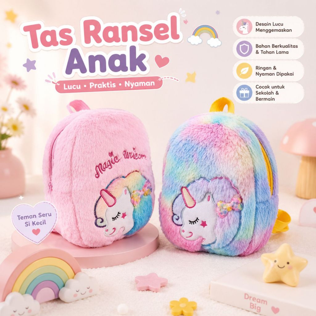 Tas Anak Kecil Bulu Halus Ransel Unicorn Microfiber Untuk PAUD TK Ungu Rainbow MK519