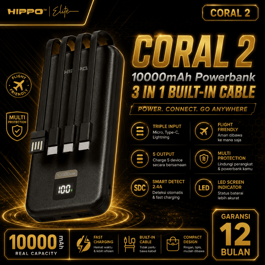 Hippo Powerbank Coral2 10000MAH BLACK Output 2.4A Smart Detect Charger Flight Friendly Power Bank