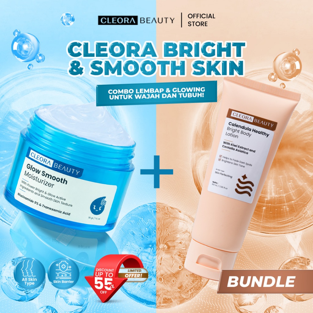 CLEORA BEAUTY -  Paket Skincare Bundle 2in1 Glow Smooth Moisturizer Gel Pelembab Wajah Niacinamide d