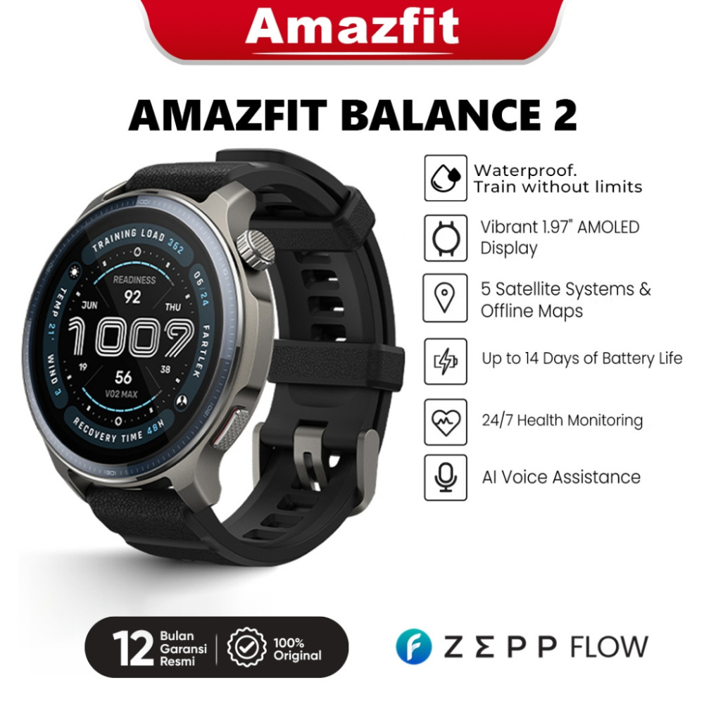 Amazfit Balance 2 Jam Pintar Tahan Air 47mm Layar Kaca Safir 1.5” GPS Panduan Peta 170 Mode Olahraga