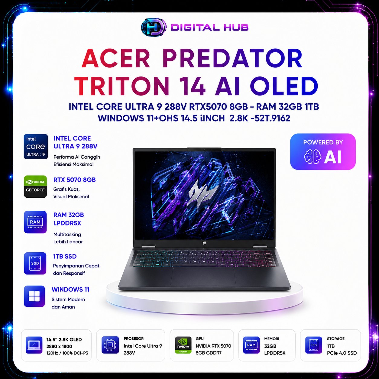 ACER PREDATOR TRITON 14 AI OLED INTEL CORE ULTRA 9 288V RTX5070 8GB - RAM 32GB 1TB WINDOWS 11+OHS 14