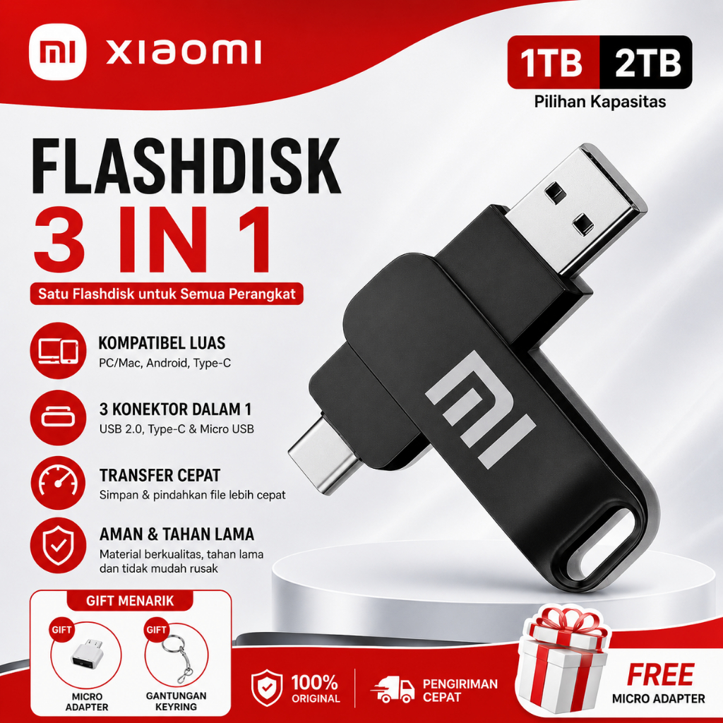 Flashdisk 2TB Original MI Flash Drive OTG Type-C USB 3.0 untuk HP Android & PC- Desain Metal Tahan L