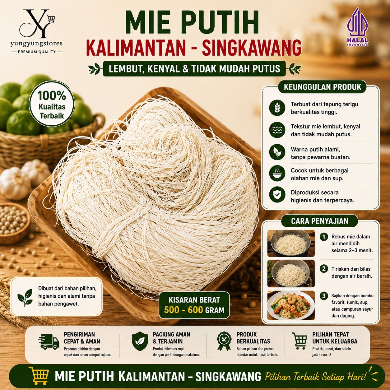 Mie Putih Ulang Tahun Vegetarian / Mien Sien Fuk Siu Singkawang Kalimantan 500 - 600 gram