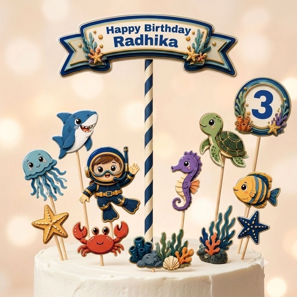 Topper Cake Hewan Laut Custom Nama / Hiasam Kue Hewan Laur Happy Birthday