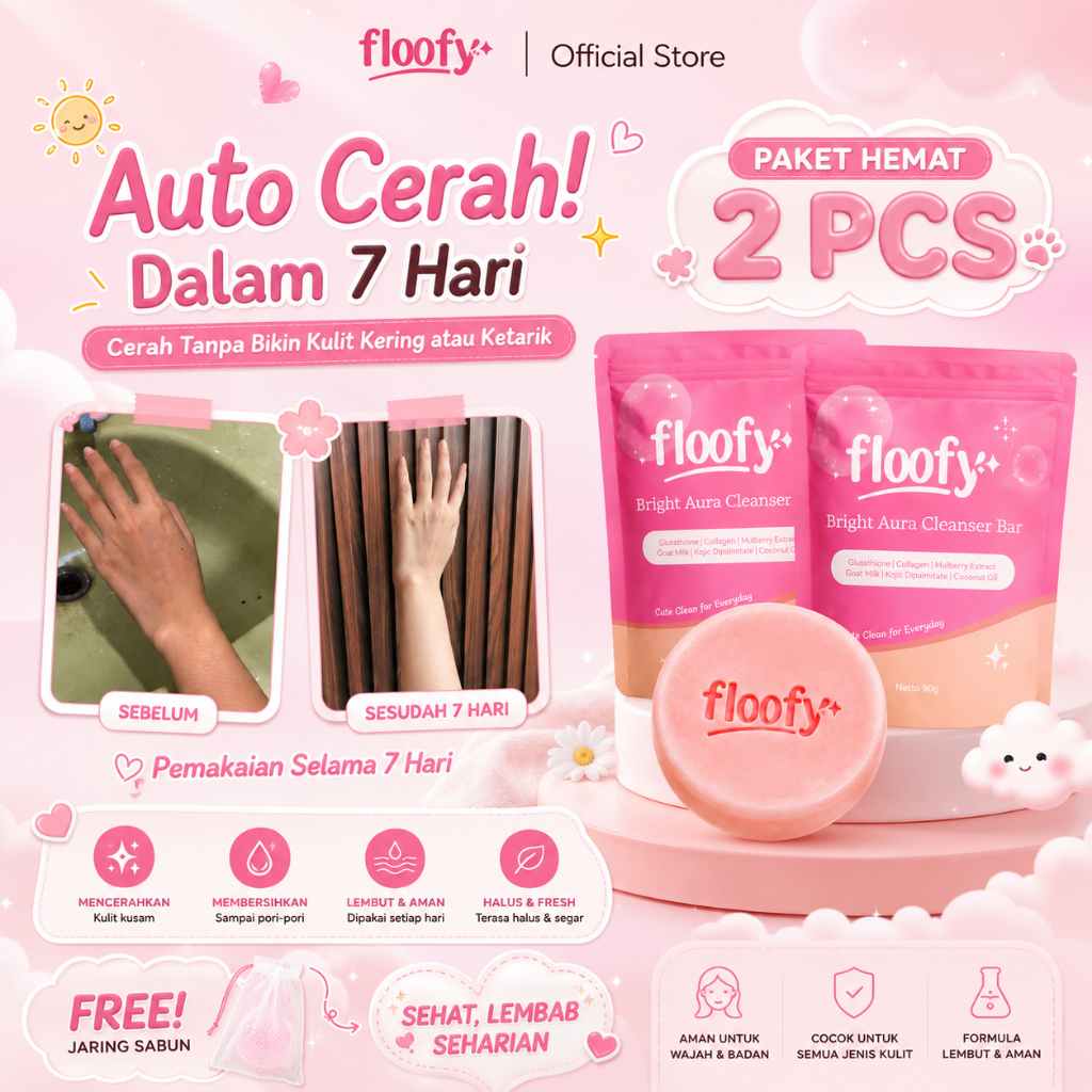 Floofy Bright Aura Cleanser Barsoap, Paket Hemat 2 PCS, Mencerahkan Kulit, Lembut & Aman BPOM