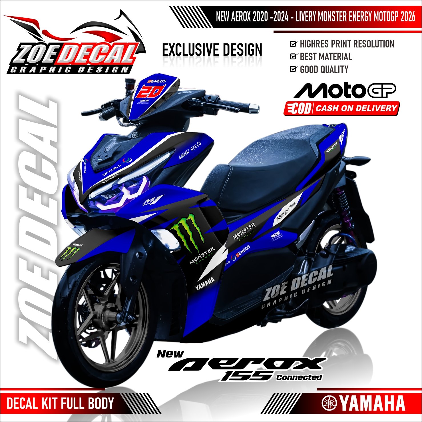 Terbaru Decal Stiker Yamaha Full Body Stiker AEROX 155 Motif / Livery Moonster Energyy MotoGP 26