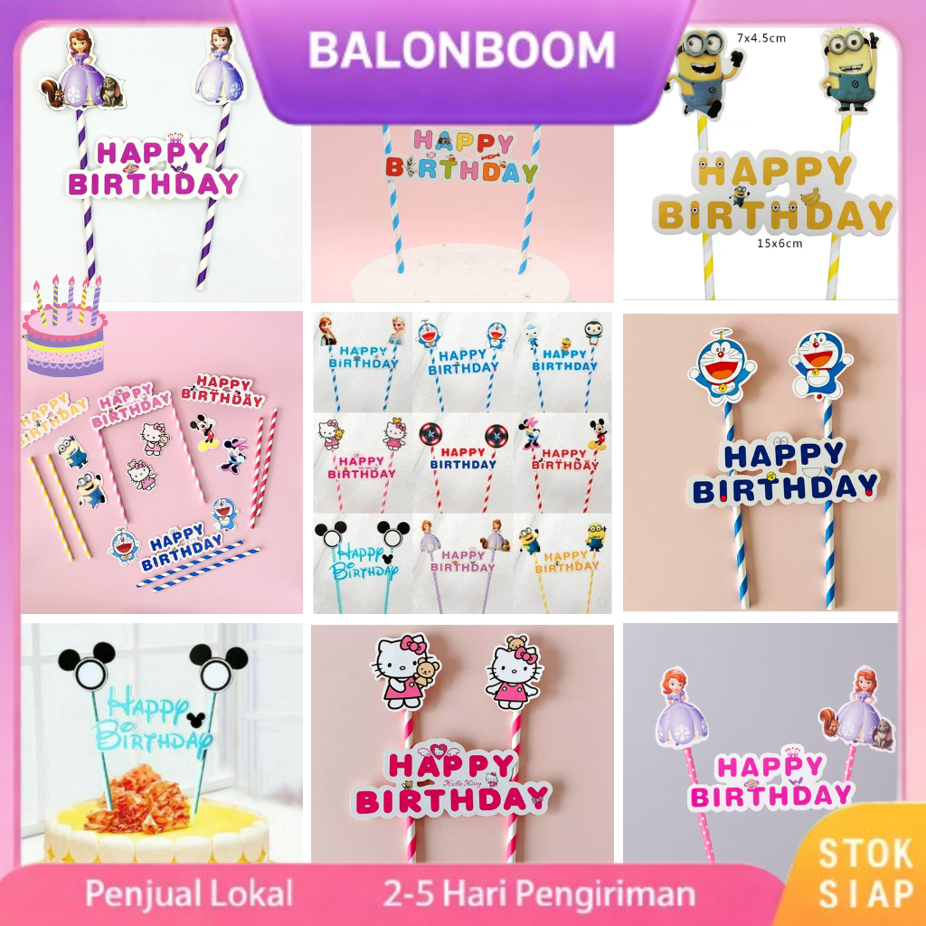 Cake Topper Happy Birthday Karakter / Hiasan Kue Ultah Anak Doraemon Hello Kitty Frozen Mickey.