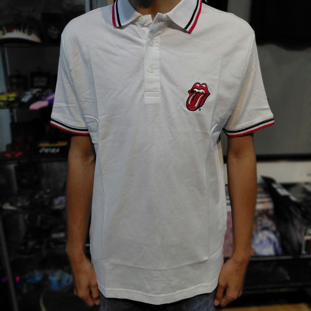 Polo Shirt / Kaos Band THE ROLLING STONES - CLASSIC TONGUE WHITE Official Merchandise Original