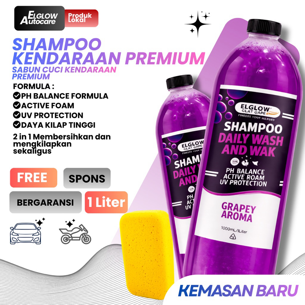 Elglow Shampo Wax & Touchless Sabun Cuci Motor Mobil Busa Melimpah 1Liter (FREE SPOND)
