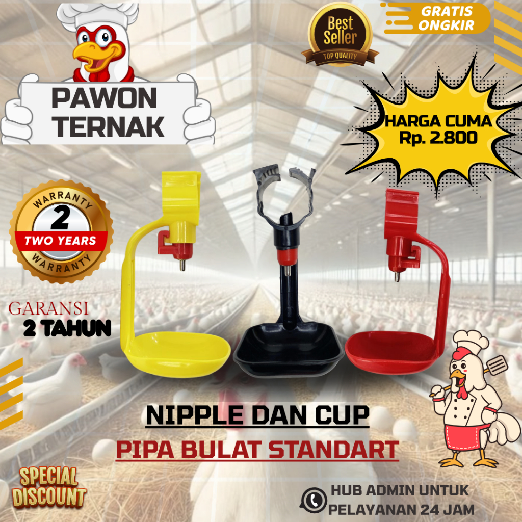 NIPLE BROILER NIPLE AYAM PIPA AIR 3/4 inchi BULAT - Tempat Minum Ayam Broiler (1 Set Komplit)
