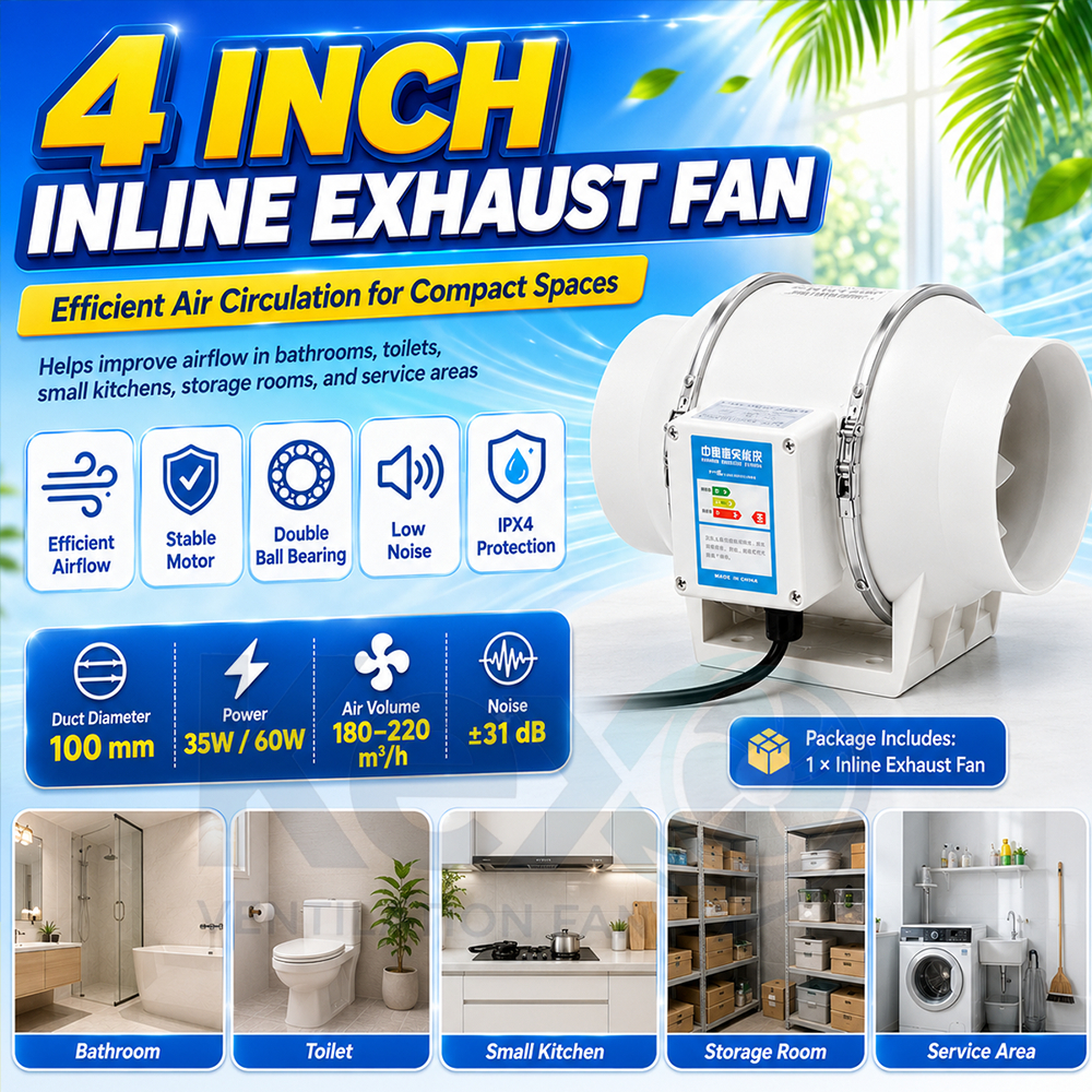 Kipas Angin Buang Diam 4 Inci 220V Kipas Exhaust Fan Blower Inline Diam Ekstraktor Hisap Penghisap A