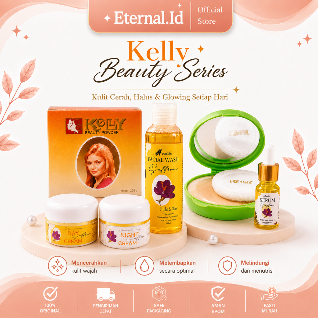 Paket Glowing Mencerahkan Kelly Beauty Series Bedak Kelly - Serum - FacialWash - Cream Siang Malam S