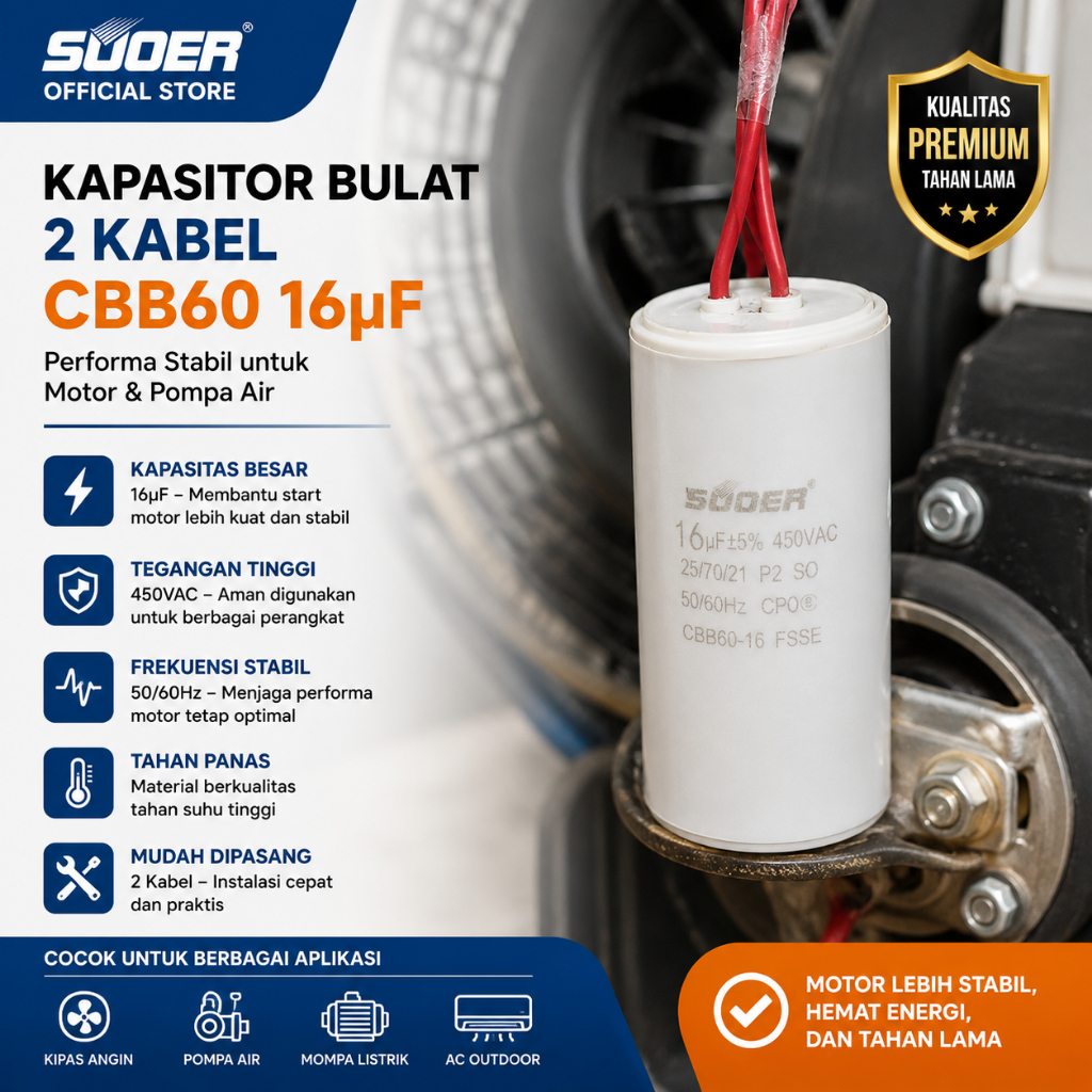 SUOER Kapasitor Bulat 2 Kabel CBB60 16UF