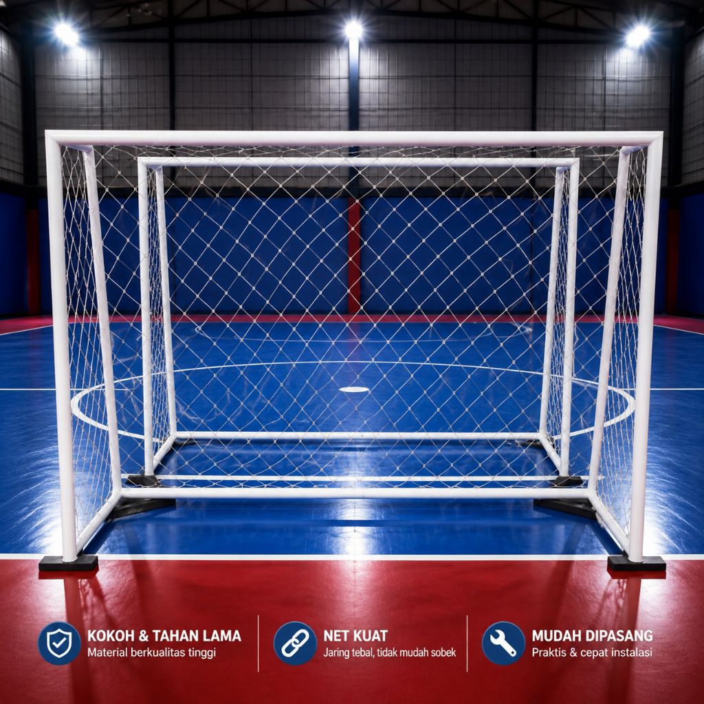 1 set tiang gawang futsal 2mx3m + jaring portable bongkar pasang