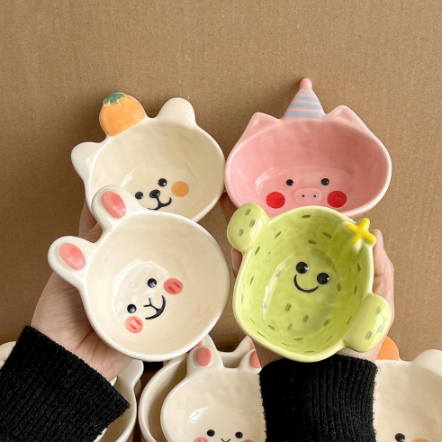 LIVINSTORE PowToon Series Mangkok Kecil Mini Keramik Korea Aesthetic Estetik Gambar Cartoon Props Pr